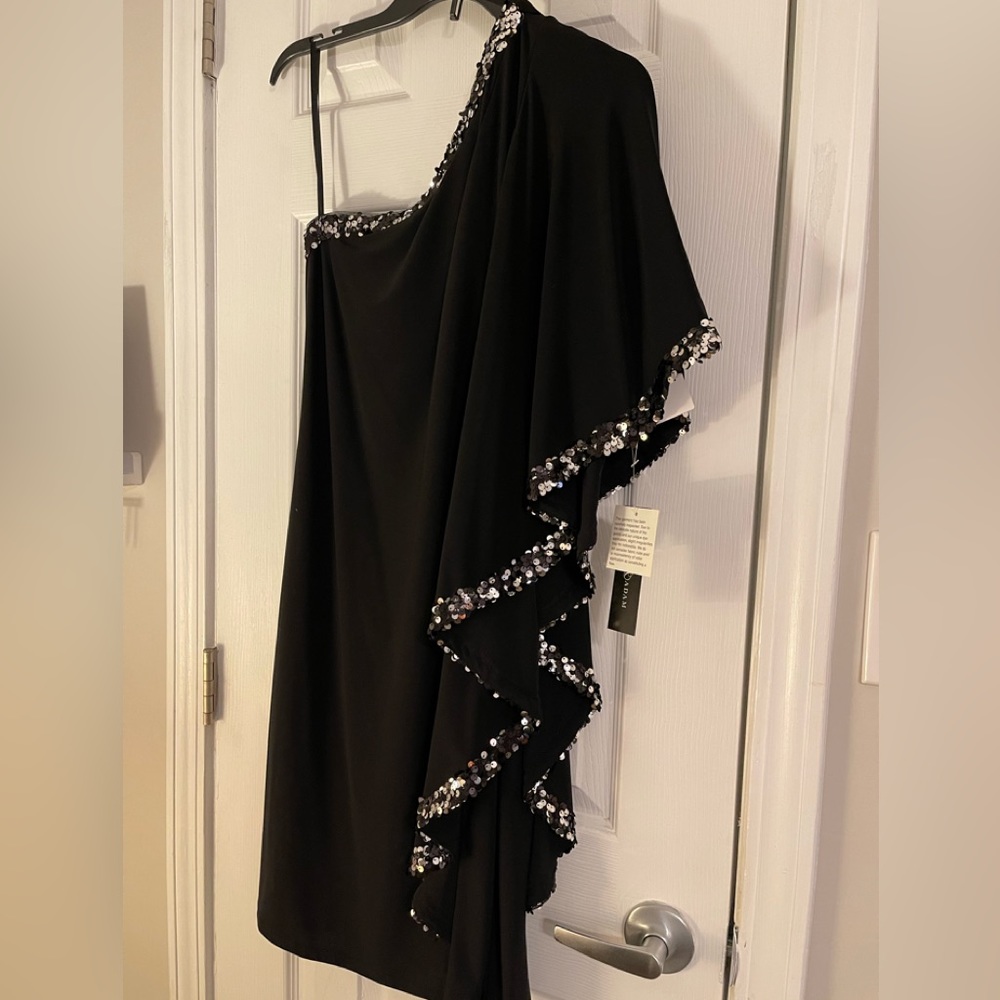 Black one-shoulder Betsy & Adam mini dress with silver sequins